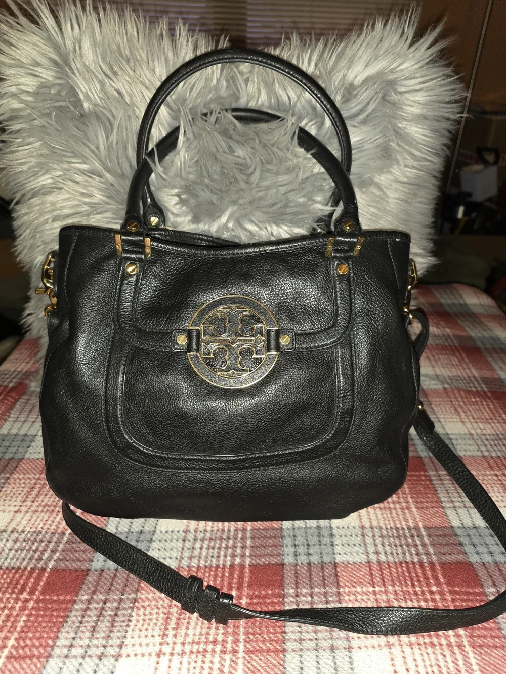 Tory Burch Black Leather Tote with Gold Logo Medallion